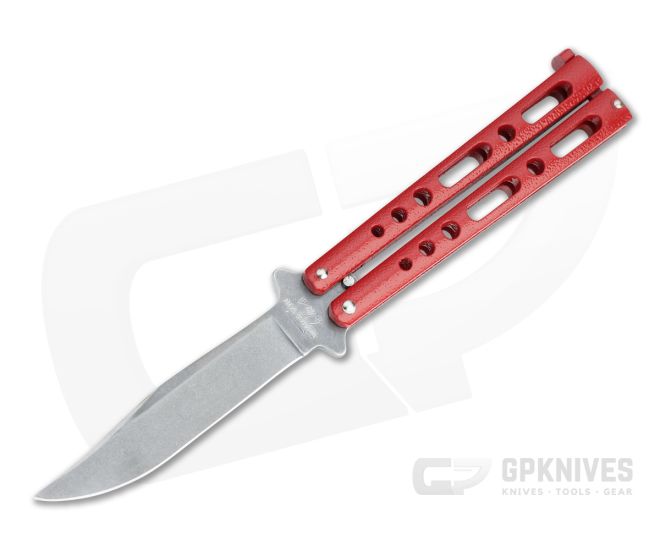 Bear and Son Cutlery Stonewashed Clip Point Red Butterfly Knife 117RDSW - BS-117RDSW