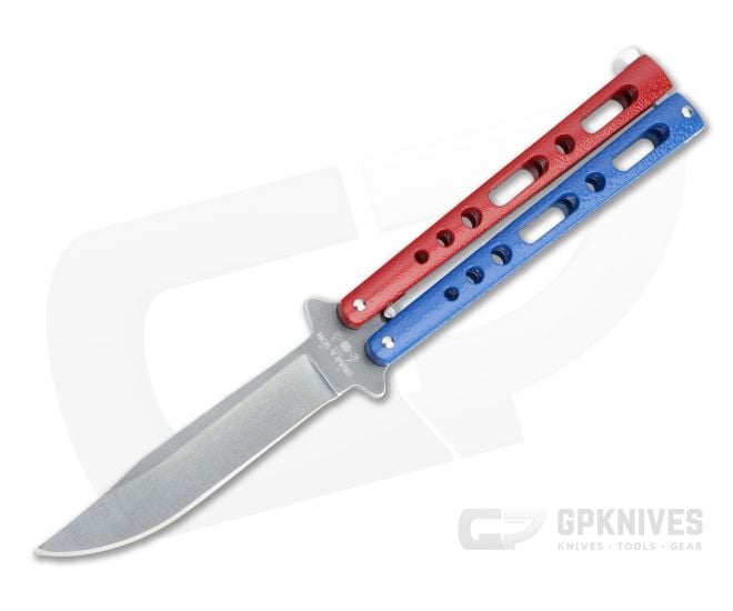 Bear and Son Cutlery Stonewashed Clip Point Red, White & Blue Butterfly Knife 117RWBSW - BS-117RWBSW