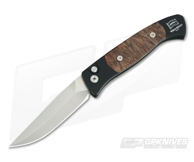 Protech Knives Small Brend 2 Auto Maple Burl Wood Inlays Black Automatic Satin Blade 1206 - PT-1206