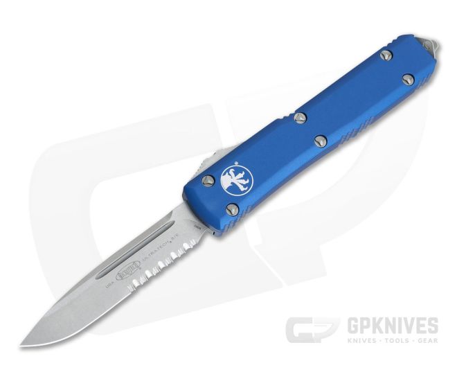 Microtech Ultratech S/E CC Blue Stonewash Serrated M390 Drop Point OTF Automatic Knife 121-11BL - MT-121-11CCBL-M390