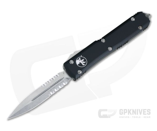 Microtech Ultratech Stonewashed M390 Part Serrated Double Edge OTF Automatic Knife 122-11 - MT-122-11-M390