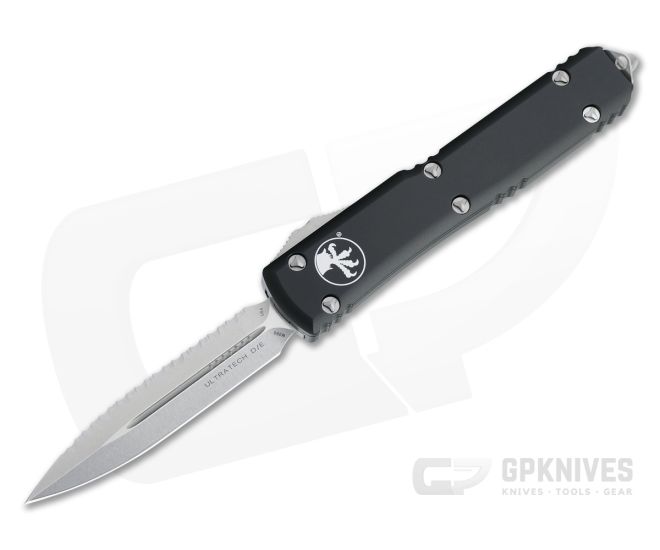 Microtech Ultratech D/E Stonewashed Full Serrated Black OTF Automatic 122-12 - MT-122-12