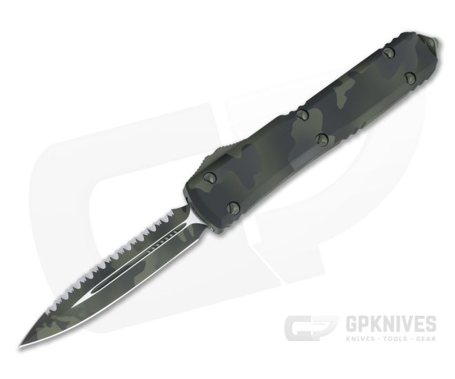Microtech Ultratech D/E Signature Olive Camo Full Serrated Double Edge OTF Automatic Knife 122-3OCS - MT-122-3OCS