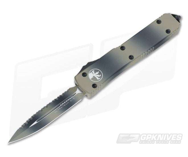 Microtech Ultratech Tan Camo Full Serrated Double Edge OTF Automatic Knife 122-3TC - MT-122-3TC