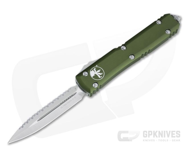 Microtech Ultratech D/E Satin M390 Full Serrated Double Edge OD Green OTF Automatic Knife 122-6OD - MT-122-6OD