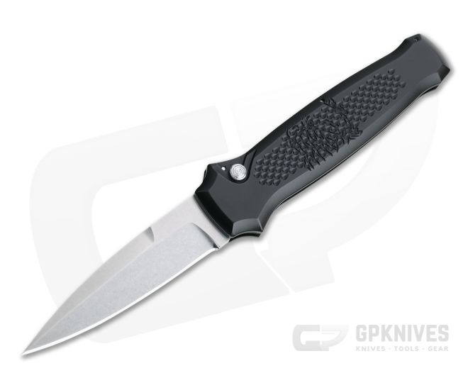 Piranha P12 Prowler Stonewashed 154CM Black Button Lock Automatic - PRN-12BK
