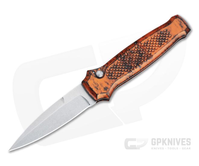 Piranha P12 Prowler Stonewashed 154CM Orange Button Lock Automatic - PRN-12O