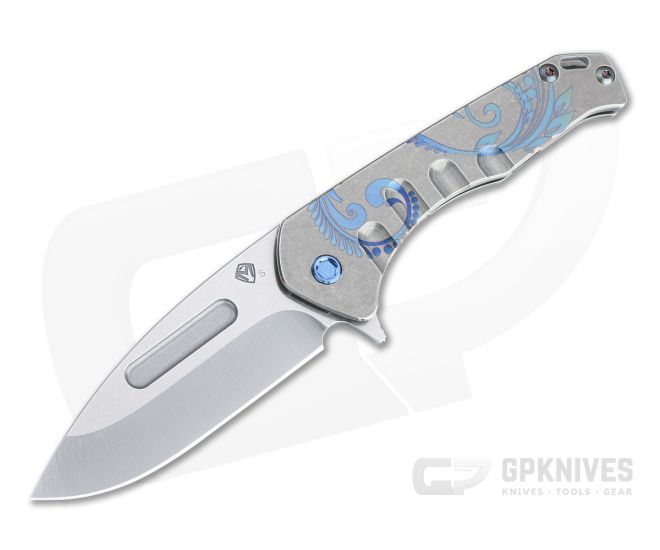 Medford Praetorian Slim Flipper Drop Point Tumbled S35VN Blue Filigree Tumbled Titanium Frame Lock Folder - MKT-MKT139