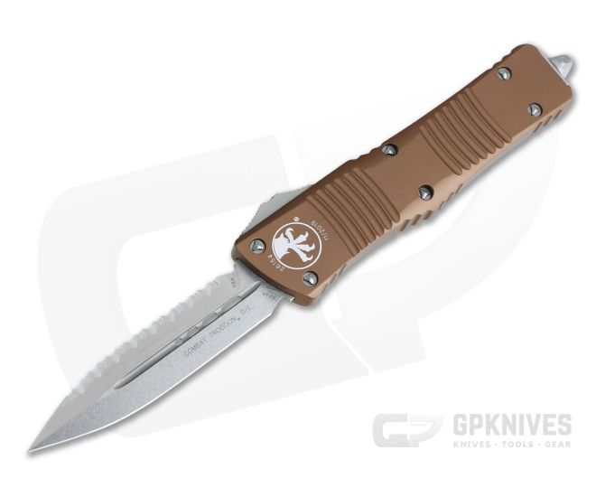 Microtech Combat Troodon Tan Stonewashed Full Serrated Double Edge Automatic 142-12TA - MT-142-12TA-204P