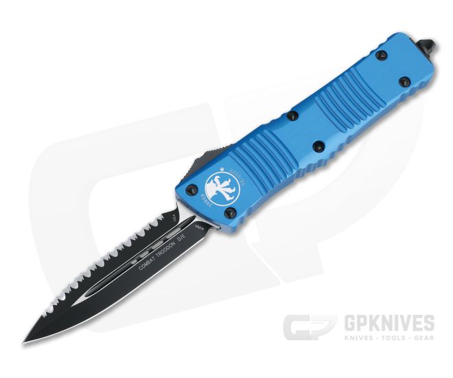 Microtech Combat Troodon D/E Blue Full Serrated Black M390 Double Edge OTF Automatic 142-3BL - MT-142-3BL