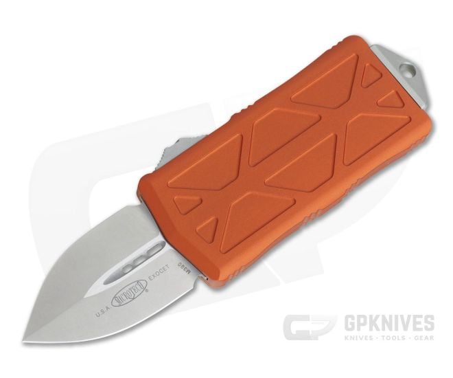Microtech Exocet Orange Stonewashed M390 Plain Double Edge CA Legal OTF Auto 157-10OR - MT-157-10OR-M390
