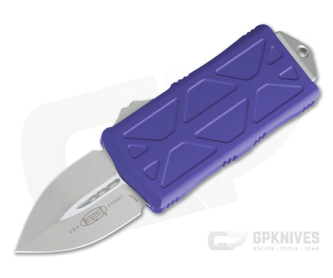 Microtech Exocet Purple Handle Stonewashed Plain Double Edge CA Legal OTF Auto 157-10PU - MT-157-10PU