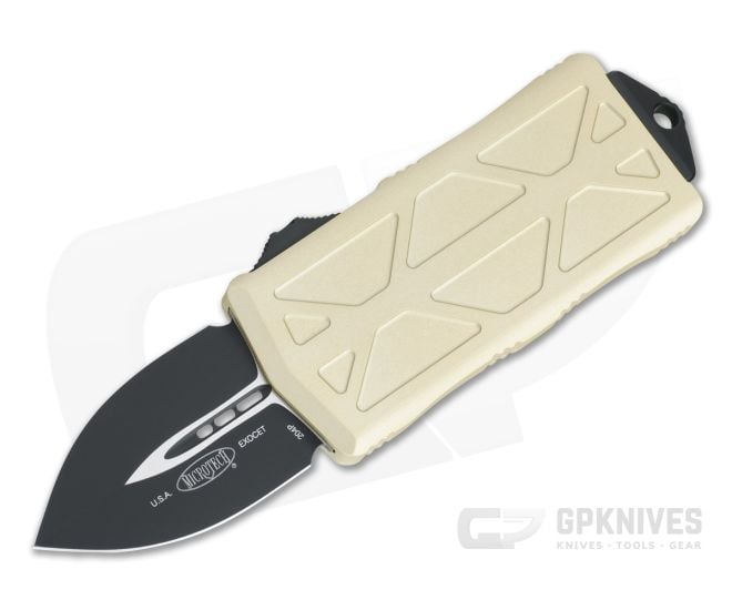 Microtech Exocet Champagne Gold Black 204P Plain Double Edge CA Legal OTF Auto 157-1CG - MT-157-1CG-204P