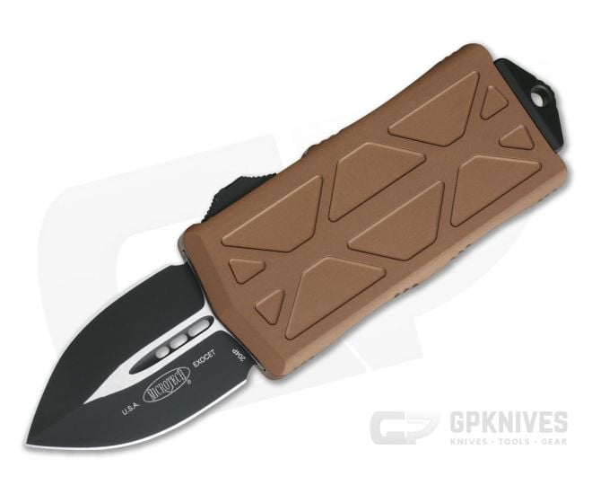 Microtech Exocet Black 204P Plain Double Edge Tan CA Legal OTF Auto 157-1TA - MT-157-1TA-204P