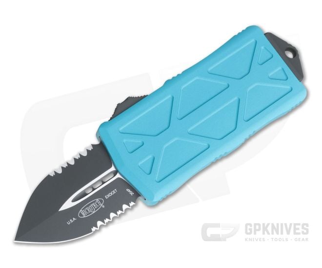 Microtech Exocet Black Partially Serrated 204P Double Edge Turquoise CA Legal OTF Automatic 157-2TQ - MT-157-2TQ-204P