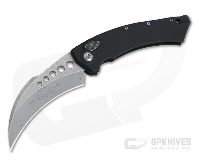 Microtech Hawk Automatic Karambit Stonewashed M390 Smooth Black Aluminum 166-10 - MT-166-10-SM-M390