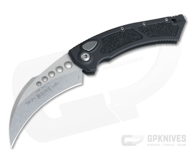 Microtech Hawk Automatic Karambit Proof Run Stonewash Plain Edge Black Aluminum 166-10 - MT-166-10-204P
