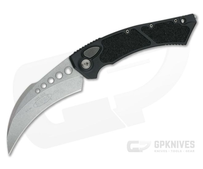 Microtech Hawk Automatic Karambit Stonewashed CTS-XHP Plain Edge Black Aluminum 166-10 - MT-166-10-XHP