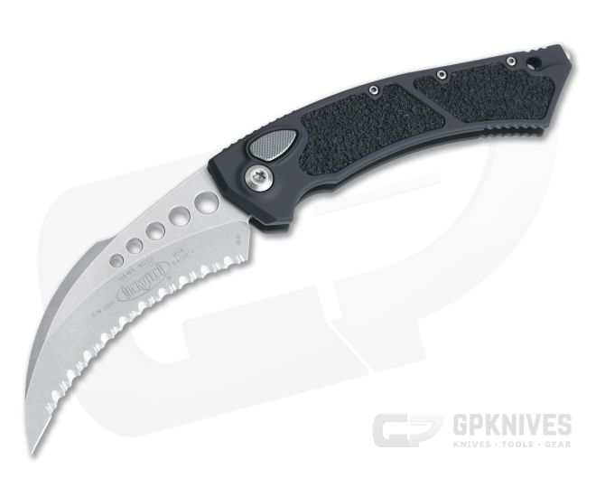 Microtech Hawk Automatic Karambit Stonewashed M390 Full Serrated Black Aluminum 166-12 - MT-166-12
