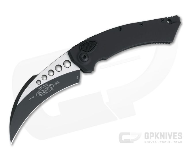 Microtech Hawk Automatic Karambit Smooth Black Tactical Plain Edge CTS-204P Black Aluminum 166-1T - MT-166-1T-SM-204P
