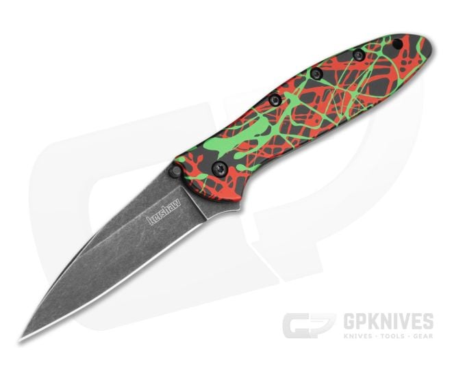 Kershaw Leek Green/Red/Black Splatter 14C28N Blackwash Spring Assisted Knife (3.00" Blade) 1660NTR - KS-1660NTR