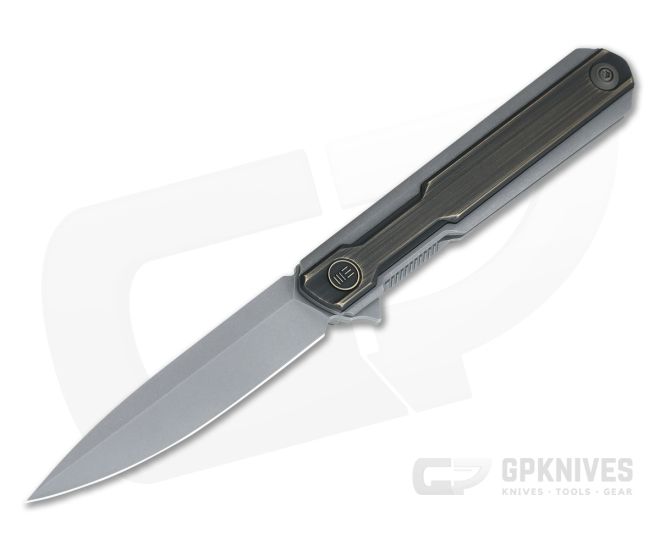 WE Knives Peer Ostap Hel Gray Stonewashed 20CV Brass Gray Titanium Flipper 2015E - WE-2015E