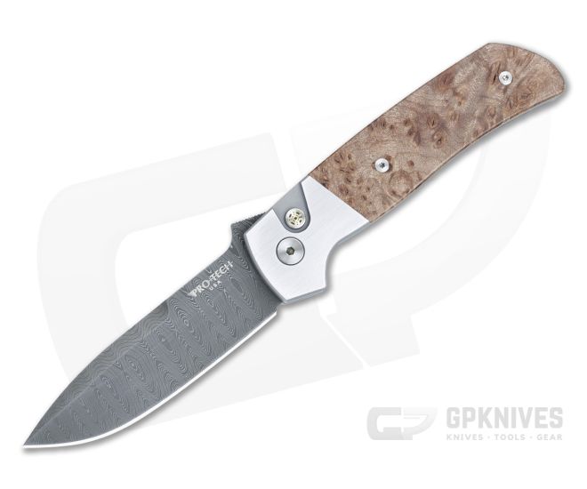 Protech ATCF Custom Auto 2-Tone Steel Frame Maple Burl Inlays Nichols Damascus Blade 2023-ATCF-010 - PT-2023-ATCF-010
