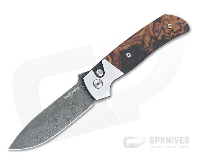 Protech ATCF Custom Auto 2-Tone DLC Steel Frame Desert Ironwood Inlays Nichols Damascus Blade 2023-ATCF-011 - PT-2023-ATCF-011