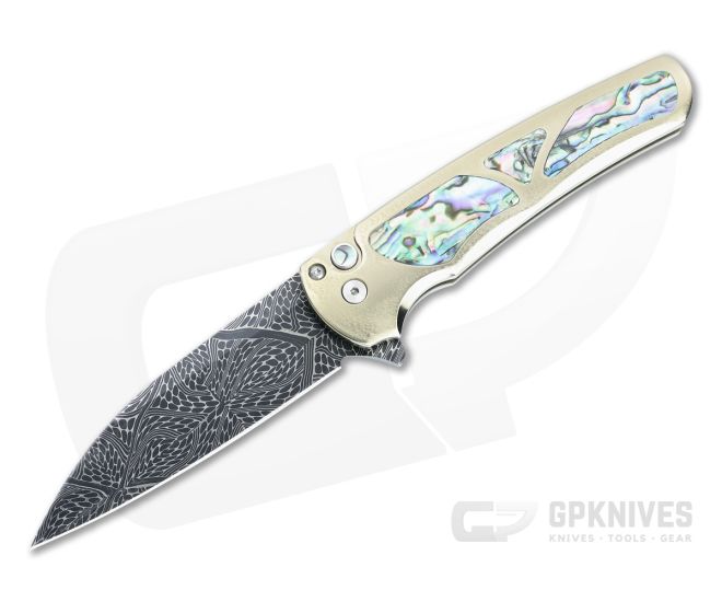 Protech Malibu Custom Flipper Bronze Titanium Abalone Inlays Nichols Mosaic Damascus Wharncliffe 2023-MALIBU-010 - PT-2023-MALIBU-010