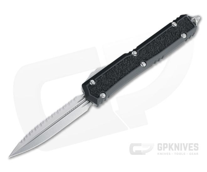 Microtech Makora D/E Signature Stonewashed Double Edge Full Serrated Traction Inlay Black OTF Automatic 206-12S - MT-206-12S