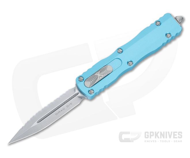Microtech Dirac OTF Automatic Turquoise Aluminum Handle Stonewash Full Serrated M390 Double Edge 225-12TQ - MT-225-12TQ