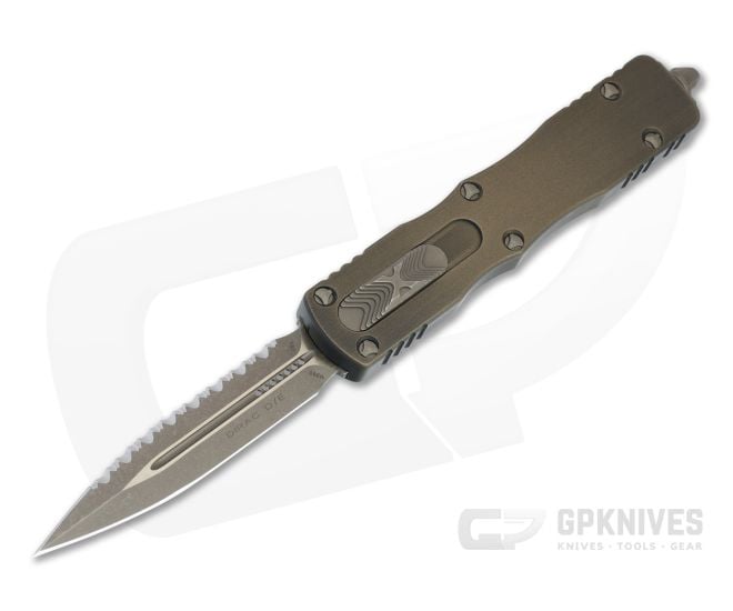Microtech Signature Dirac D/E Antique Bronze Apocalyptic Full Serrated M390 OTF Automatic 225-15APABS - MT-225-15APABS