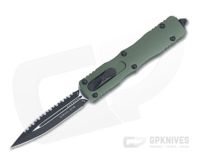 Microtech Dirac OD Green Double Edge Black Full Serrated M390 Top Slide OTF Automatic Knife 225-3OD - MT-225-3OD-M390