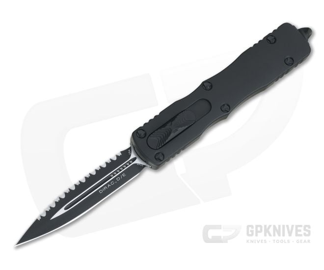 Microtech Dirac Black Tactical Full Serrated Double Edge 204P Top Slide OTF Automatic Knife 225-3T - MT-225-3T-204P