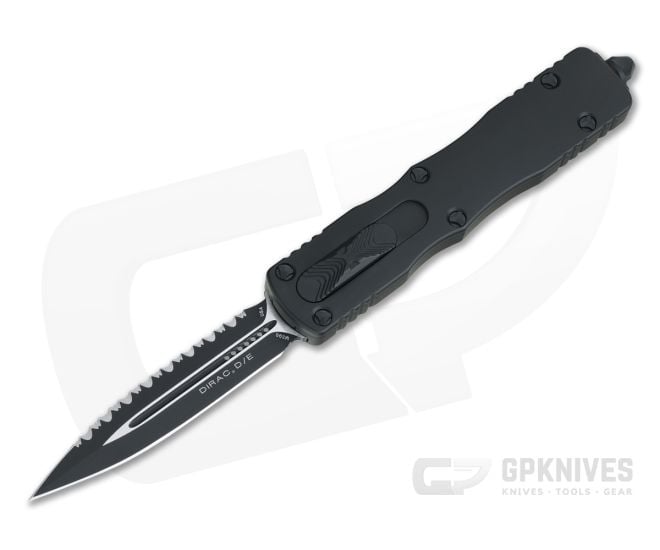 Microtech Dirac Black Tactical Full Serrated Double Edge M390 Top Slide OTF Automatic Knife 225-3T - MT-225-3T-M390