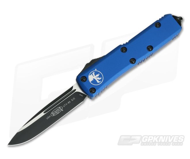 Microtech UTX-85 Blue S/E Black 204P Drop Point OTF Automatic Knife 231-1BL - MT-231-1BL-204P