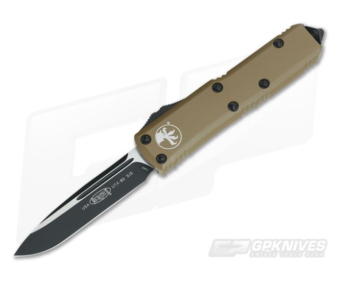 Microtech UTX-85 S/E Tan Black ELMAX Drop Point OTF Automatic Knife 231-1TA - MT-231-1TA-ELMAX
