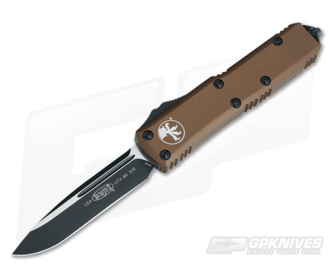 Microtech UTX-85 S/E Tan Black M390 Drop Point OTF Automatic Knife 231-1TA - MT-231-1TA-M390