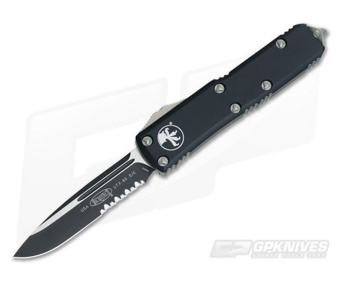 Microtech UTX-85 S/E Black Drop Point Serrated M390 OTF Automatic Knife 231-2 - MT-231-2-M390