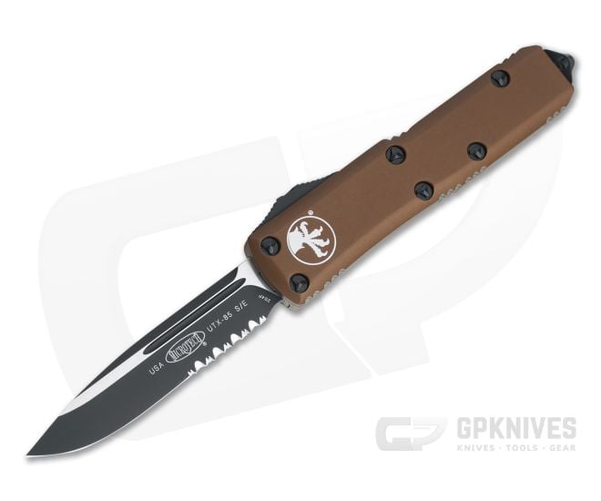 Microtech UTX-85 Drop Point Black Part Serrated 204P Tan OTF Automatic Knife 231-2TA - MT-231-2TA-204P