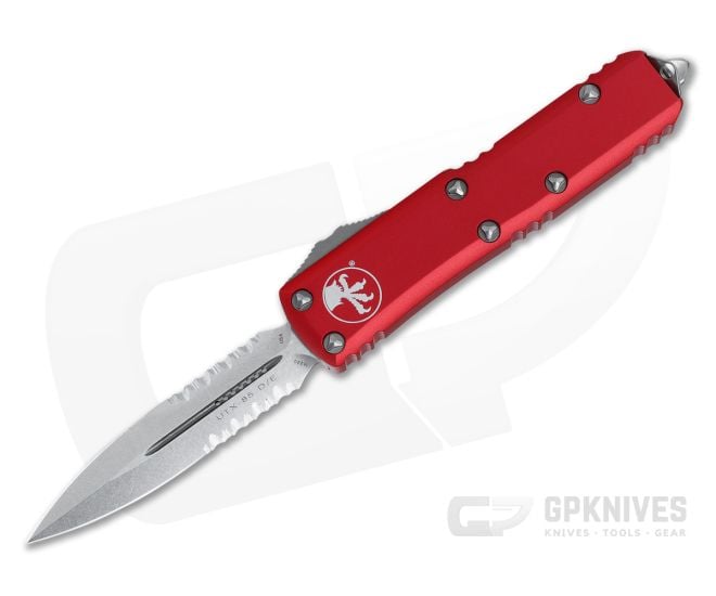 Microtech UTX-85 D/E Stonewashed M390 Part Serrated Double Edge Red OTF Automatic Knife 232-11RD - MT-232-11RD