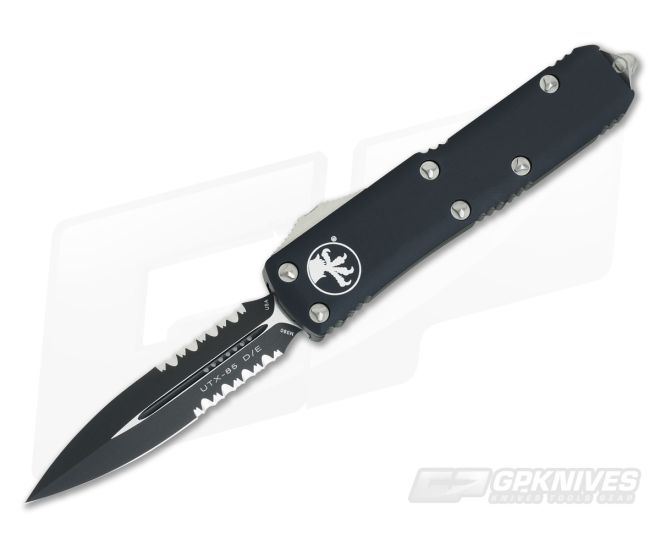 Microtech UTX-85 Black Serrated Double Edge OTF Automatic Knife 232-2 - MT-232-2-M390
