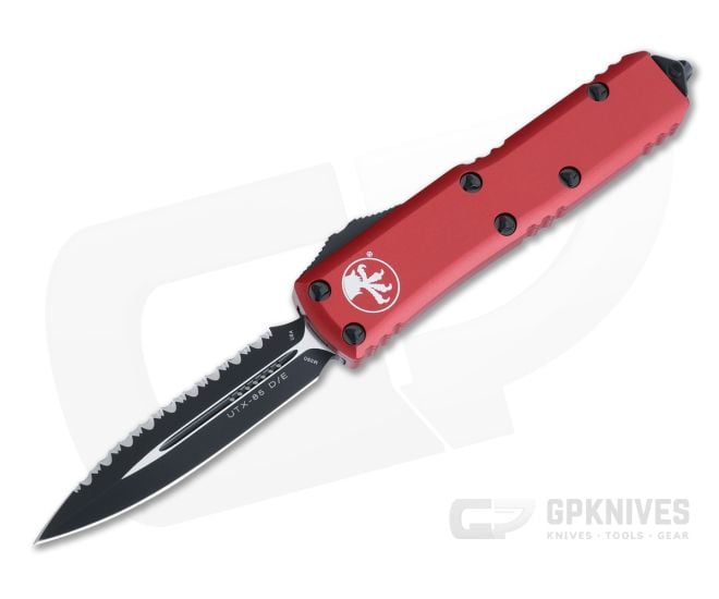 Microtech UTX-85 OTF Red Aluminum Handle Black Full Serrated M390 D/E Blade 232-3RD - MT-232-3RD