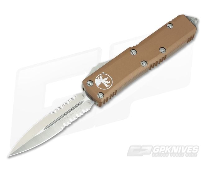 Microtech UTX-85 Tan Satin Serrated Double Edge M390 OTF Automatic Knife 232-5TA - MT-232-5TA-M390