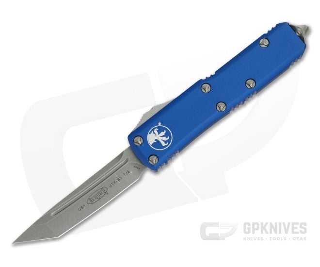Microtech UTX-85 Blue Tanto Stonewashed CTS-204P Plain Edge OTF Automatic Knife 233-10BL - MT-233-10BL-204P