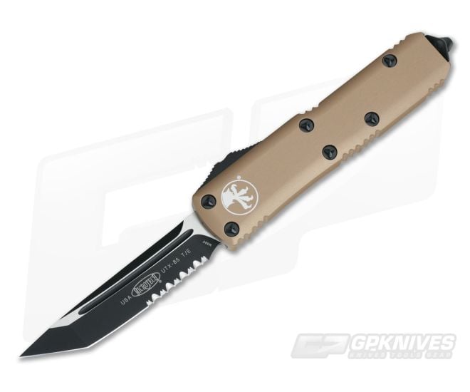 Microtech UTX-85 Tanto Serrated OTF Black M390 Tan Automatic Knife 233-2CCTA-M390 - MT-233-2CCTA-M390