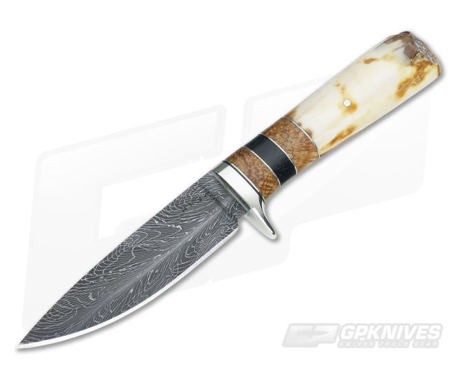 Burr Oak Drop Point Feather Damascus & Fossil Walrus - CU-2472