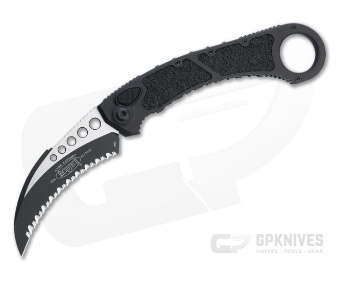 Microtech Hawk Karambit Black Tactical Serrated M390 Black Aluminum Automatic 266-3T - MT-266-3T