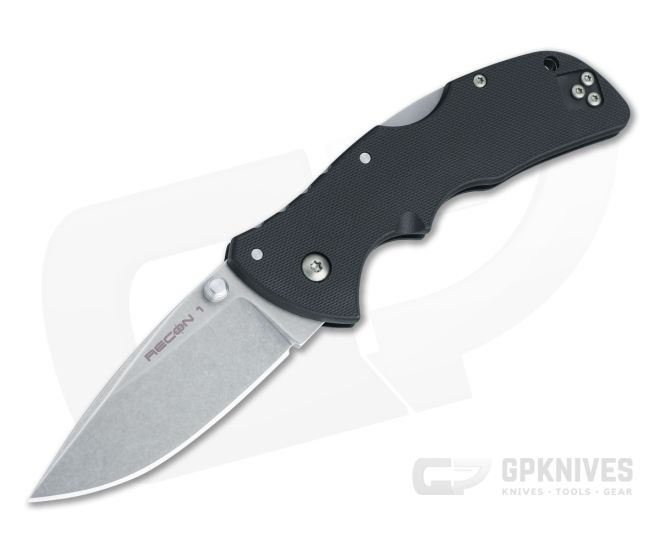 Cold Steel Mini Recon 1 Spear Point Stonewashed AUS-10A Black GRN Tri-Ad Lock Folder 27BAS - CS-27BAS