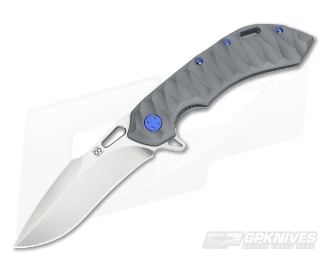 Olamic Cutlery Wayfarer 247H Scalloped Dark Blast Titanium Harpoon Satin M390 Flipper - CU-3436
